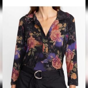 Johnny Was Bossa Nova 3/4 Sleeve Swing Polo Multi Color Floral Pullover Top M